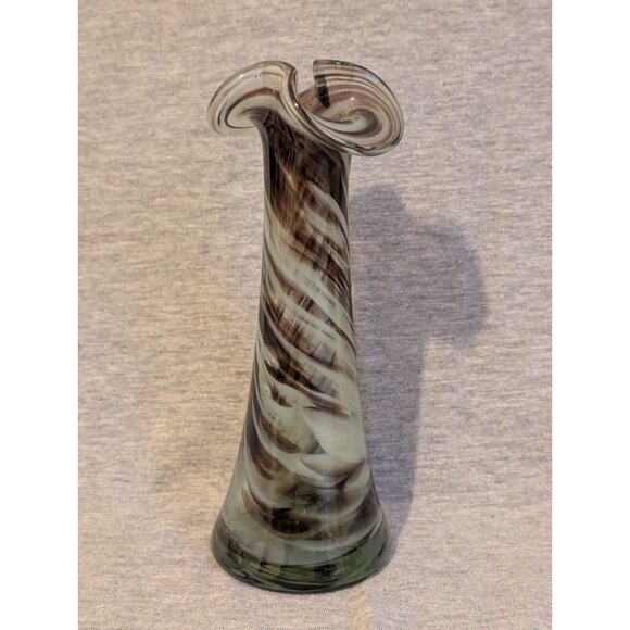 Vintage 1970s Hand Blown Swirl Ribbon Glass Vase Brown White 6.5" t x 2.5" dia - Picture 5 of 9